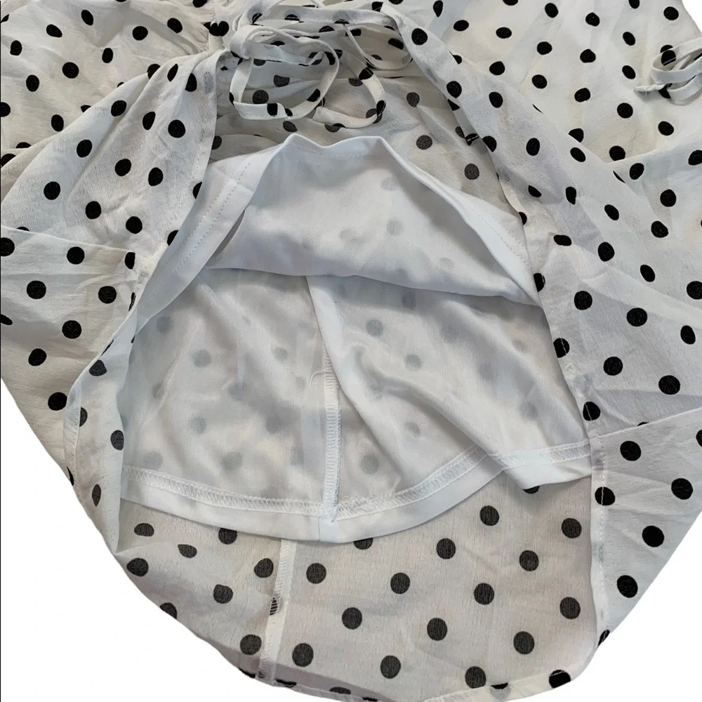 Blue Bush Black & White Polka Dot Ruffle Ruched Woven Dress Size Large
